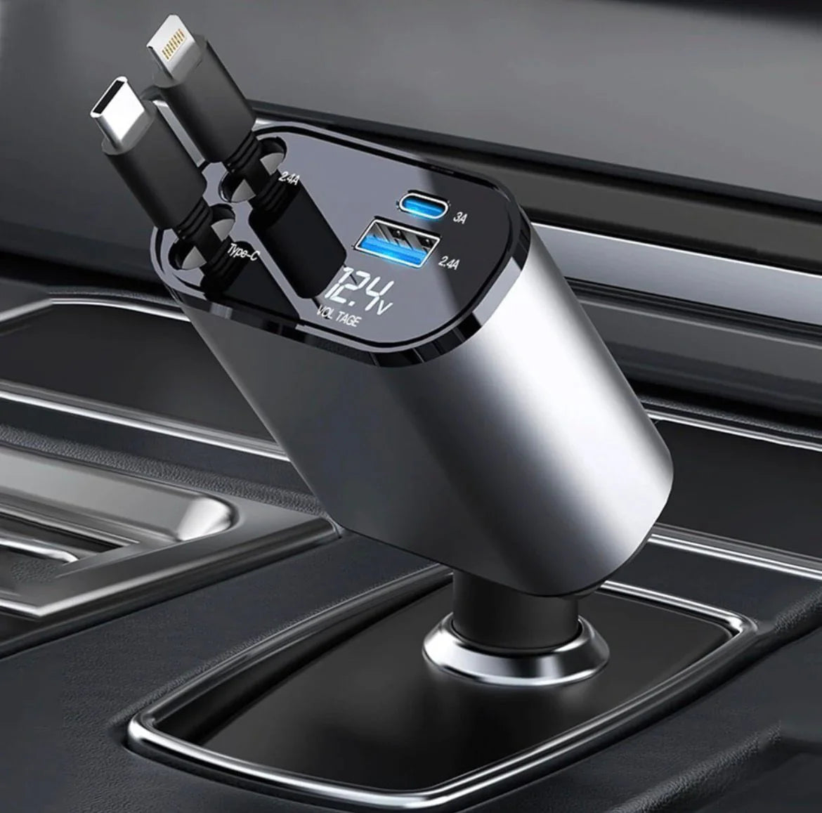 120W 4 in 1 Retractable Car Charger,Car Phone Charger, Retractable Cables & 2 USB Ports Car Adapter for Android Phones & iPhone